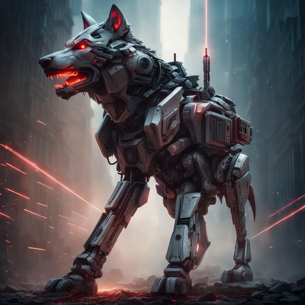 Menacing Robot Wolf with Laser Beams: Digital Matte Painting