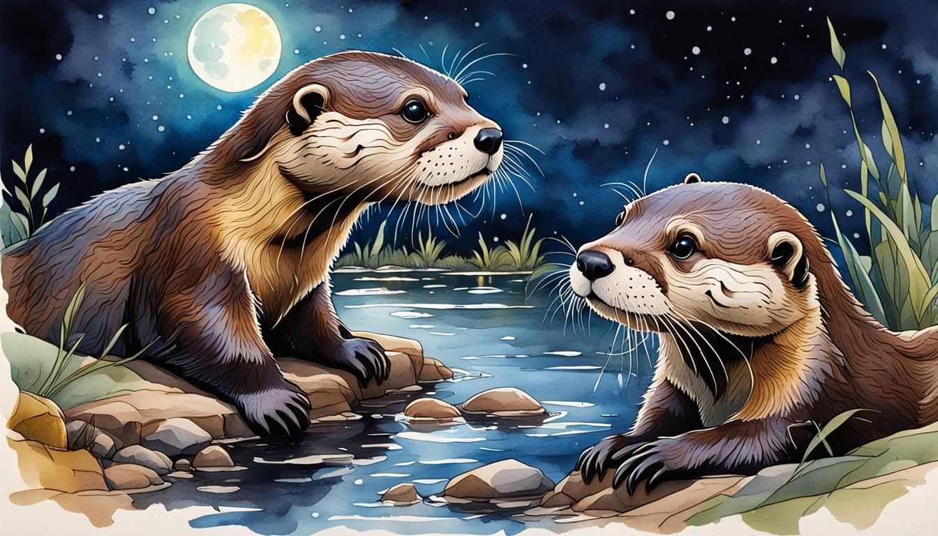 Playful Otters in Ink and Watercolor Style