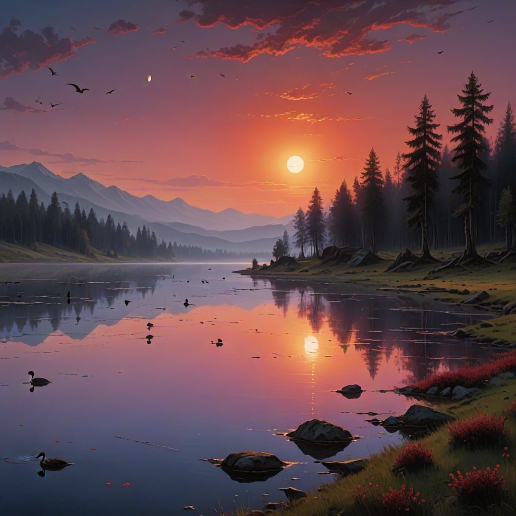 Serene Lakeside Vista in Crimson Twilight