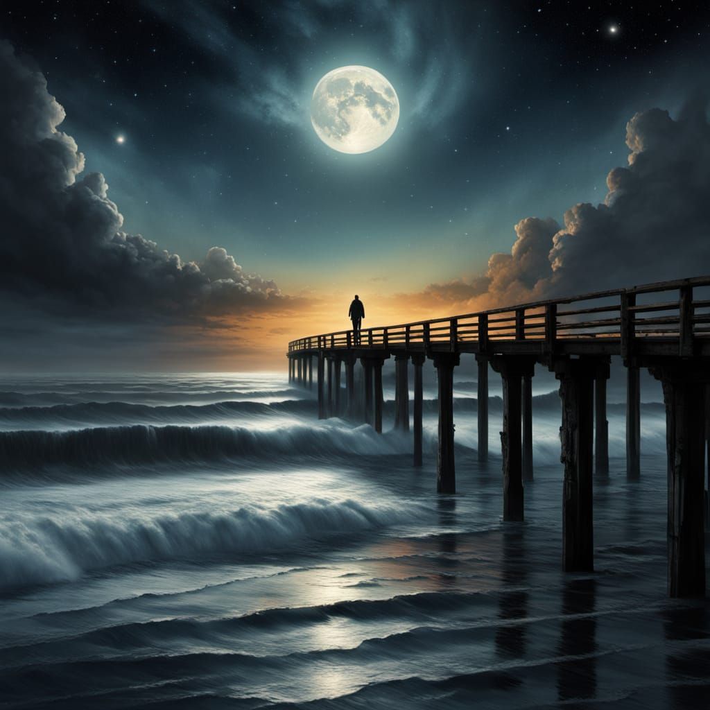Moonlit Pier: Hyperrealistic Cosmic Horror Landscape