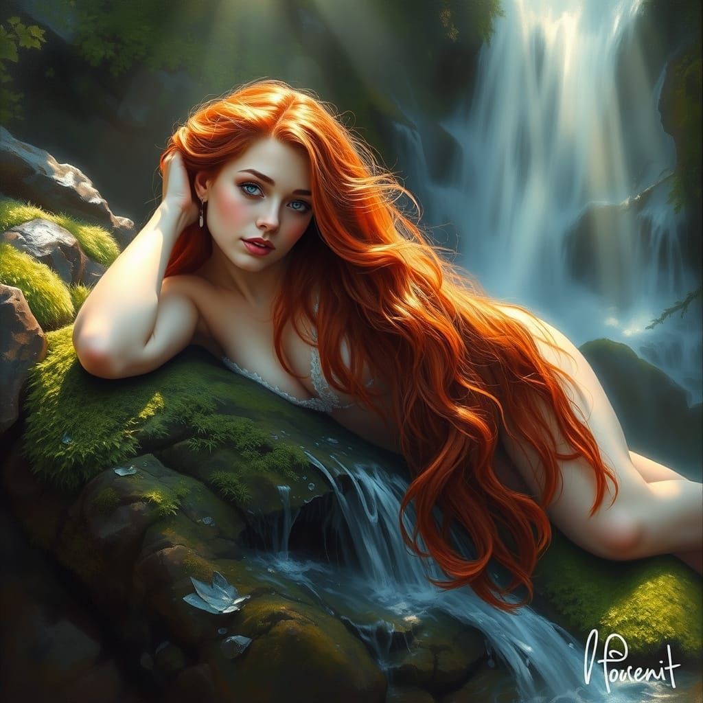 Woman With Red Hair Under Waterfall in Ethereal Forest