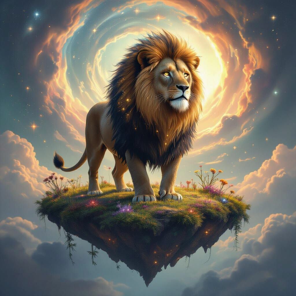 Cosmic Lion on Floating Island in Celestial Vortex