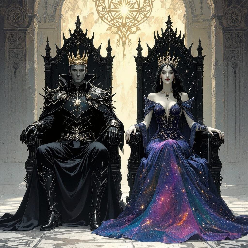 Cosmic Royalty: Black Queen and King on Obsidian Thrones