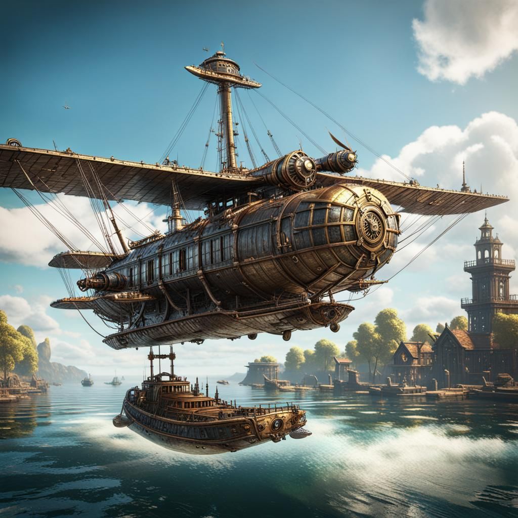 Steampunk Flying Boat Landing: 3D Game Cinematic