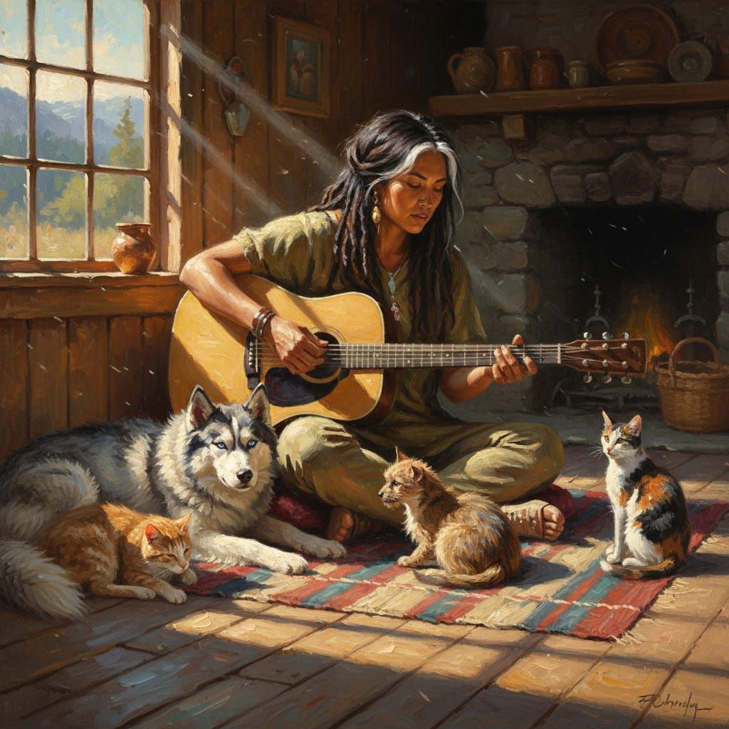 A Native American woman with dark hair with white hair at the temple in dreadlocks playing guitar with multiple dogs and...