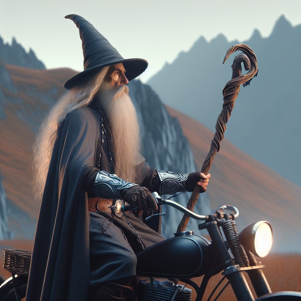 Wizard Rides Motorcycle Through Fantasy Landscape