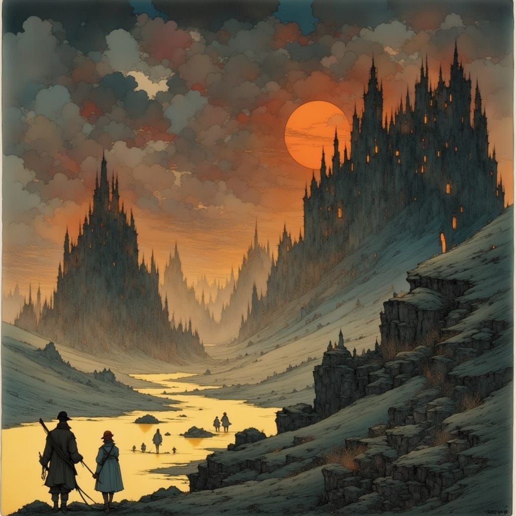 Fantasy Landscape in Beksinski and Bilibin Style