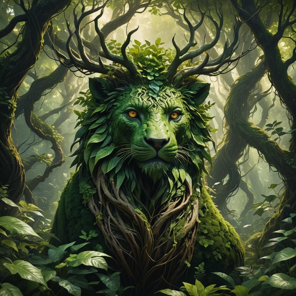 Majestic Animal Face in Vibrant Green Forest