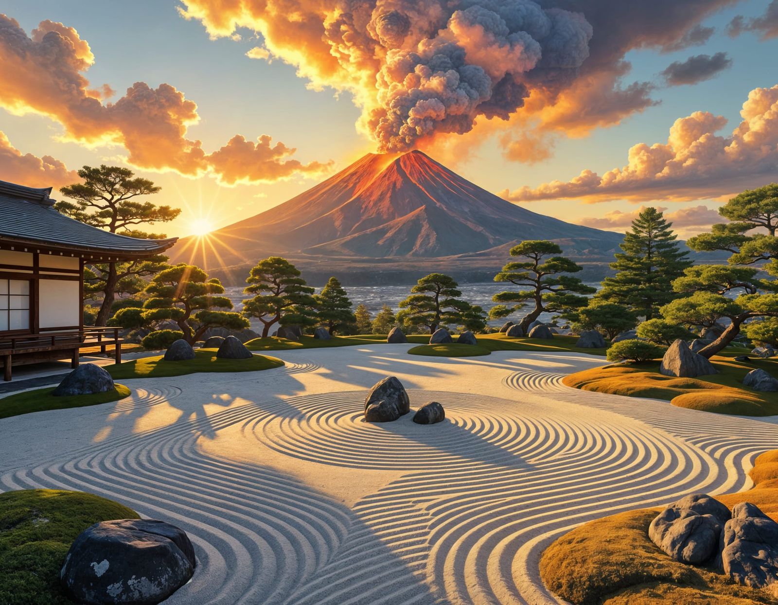 Zen Garden Meets Erupting Volcano: An Oil Painting