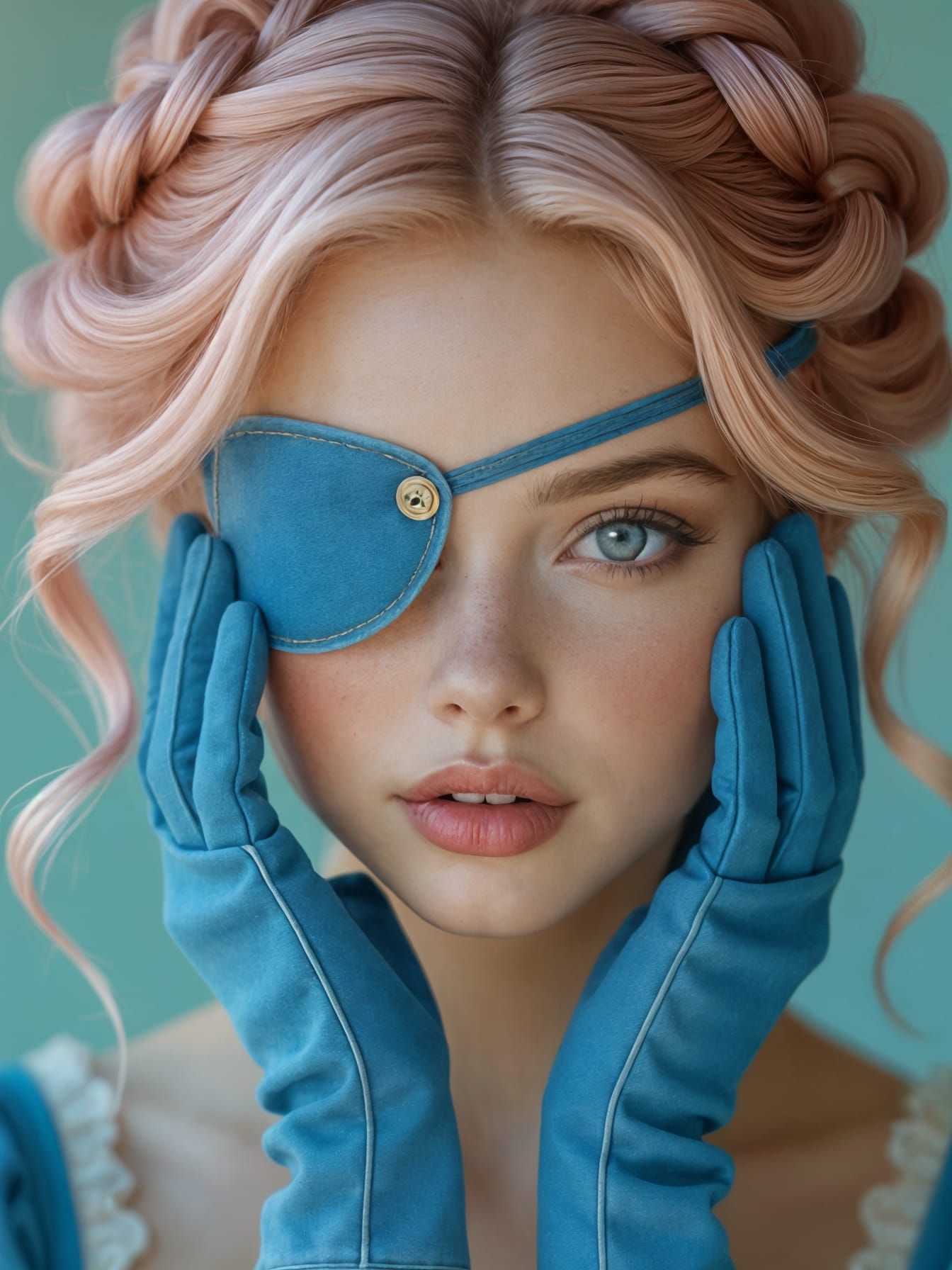 Fantasy Portrait of Woman in Denim with Pink Hair and Eyepat...