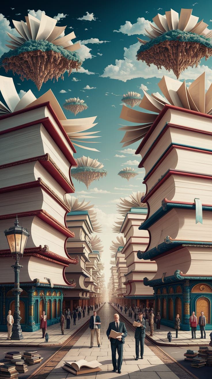 Surreal Book Cityscape in Vibrant Digital Art