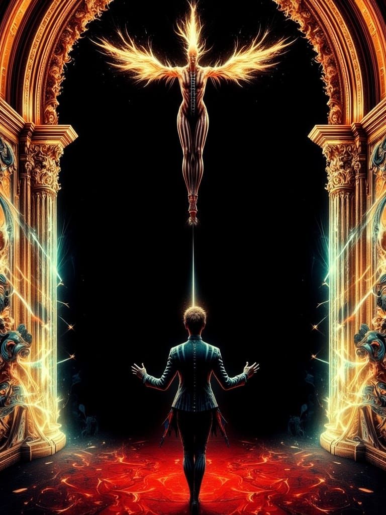 Vibrant Circus Clown Dances with Fire Wings in Dark Velvet T...