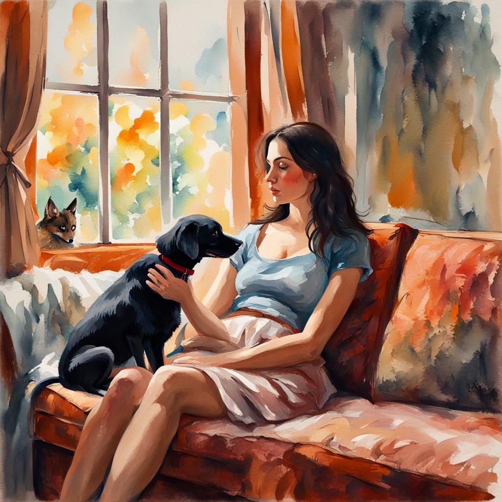 Brunette Woman with Dog in Gouache Style