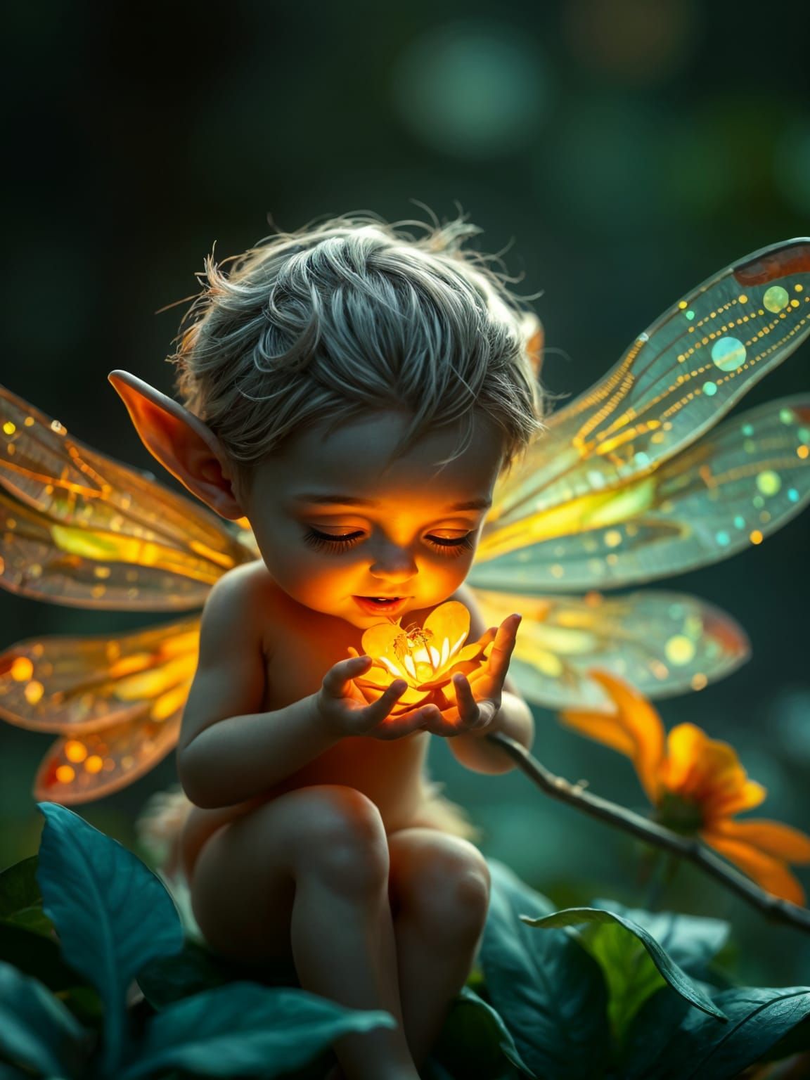 Little Fairy Boy smelling flower