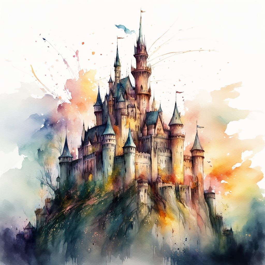 Whimsical Castle in Watercolor with Golden Light