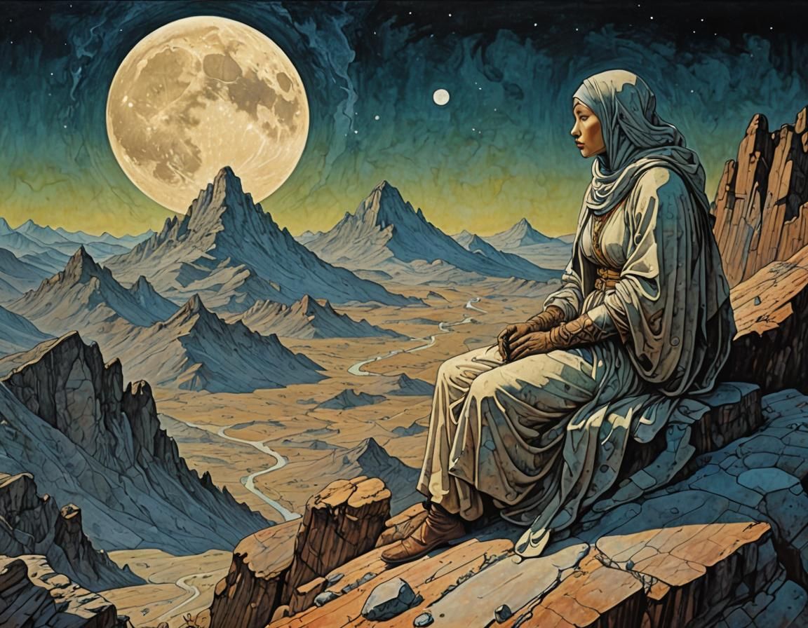 Mysterious Mountain Moonscape in Mixed Media