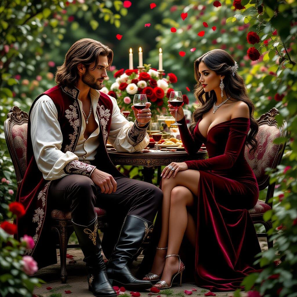 Sensual Couple in Garden in Hyperrealistic Style