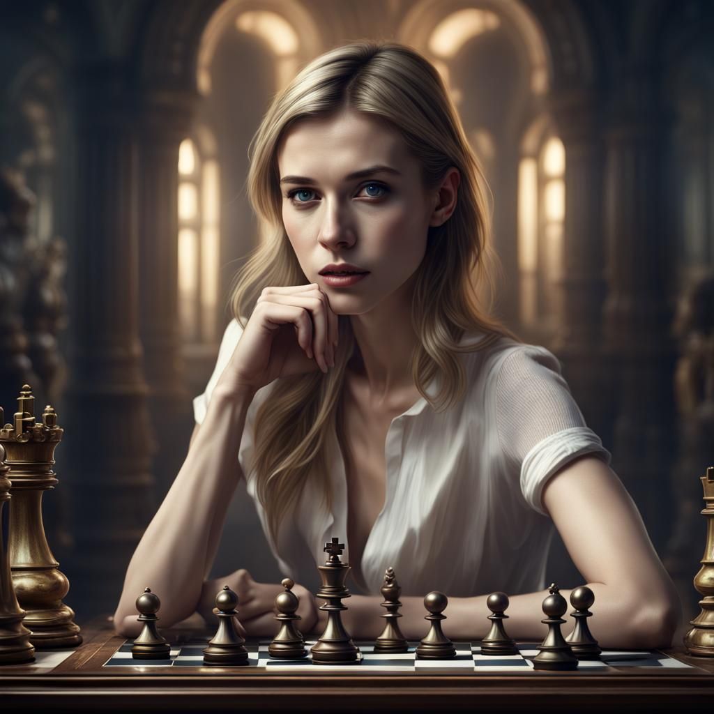 Stunning Woman Plays Chess: Hyperrealistic Matte Painting