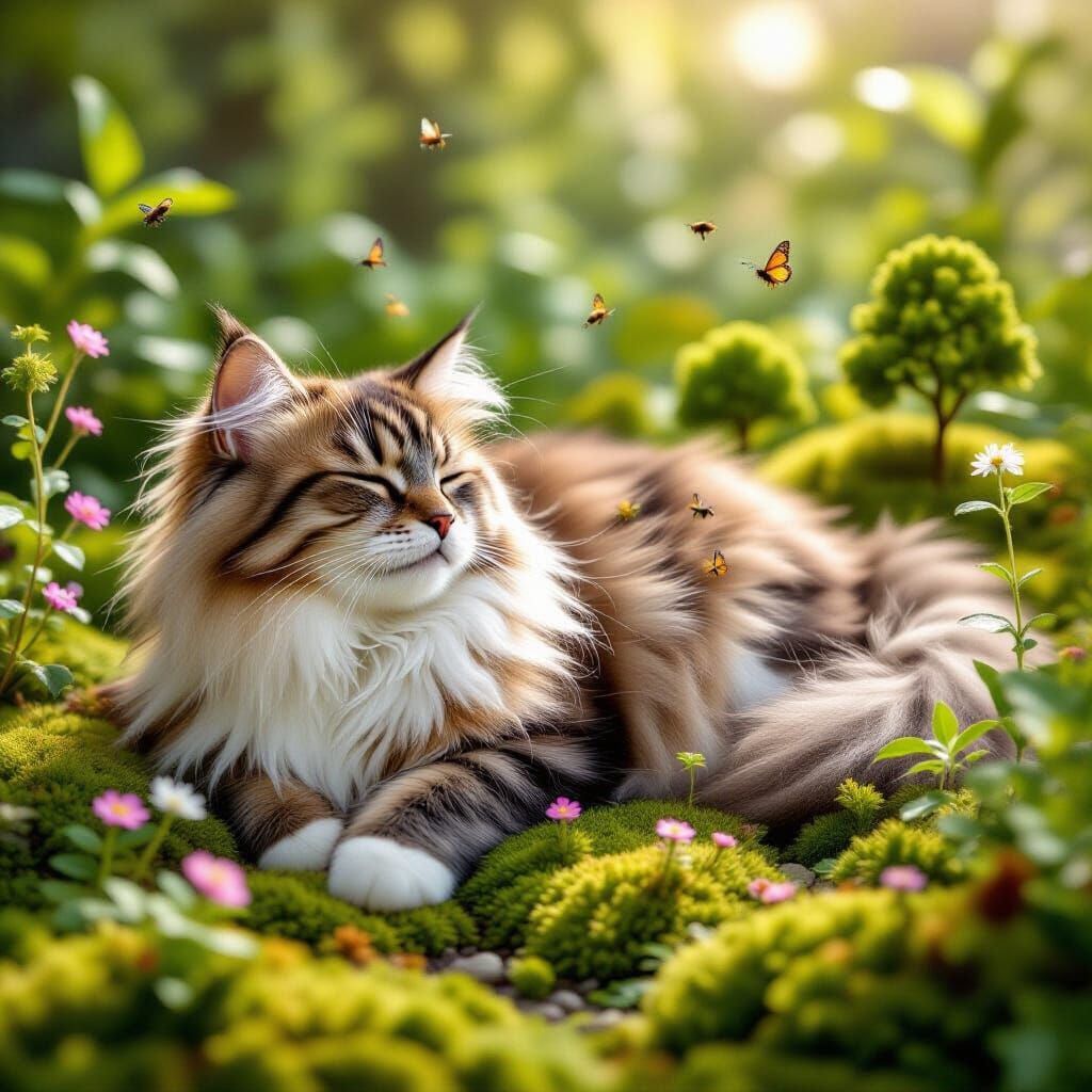 Cat Lounging in a Lush Miniature Garden
