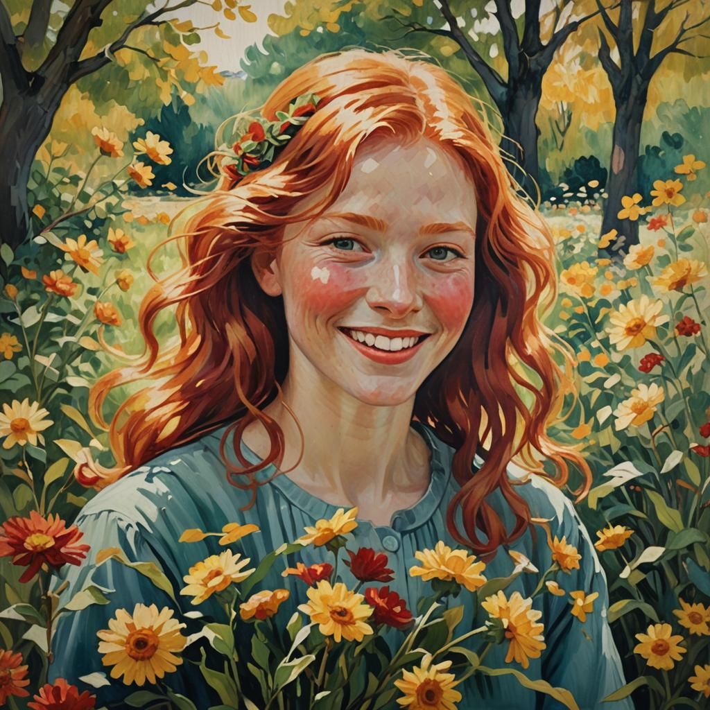 Impressionist Woman with Flowers in Garden