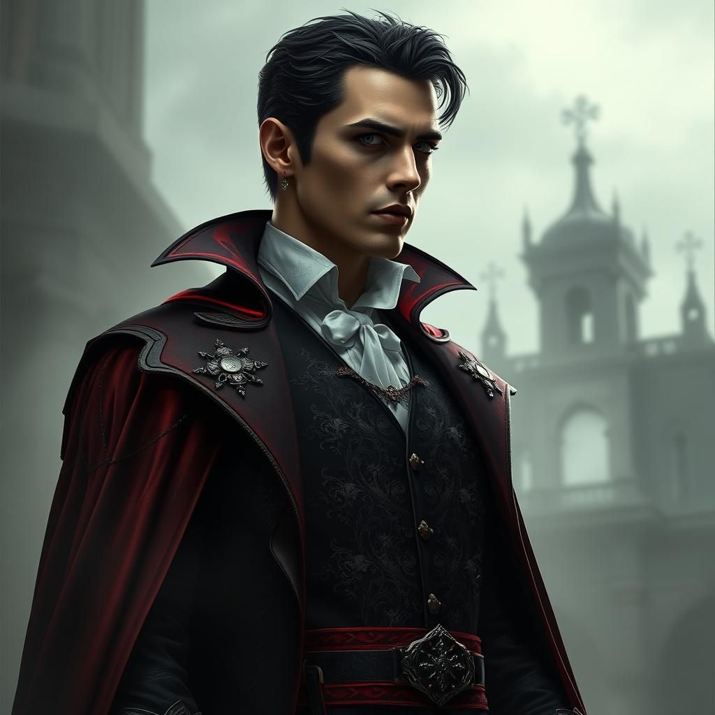 Handsome Dracula Showcases Fangs in Gothic Setting
