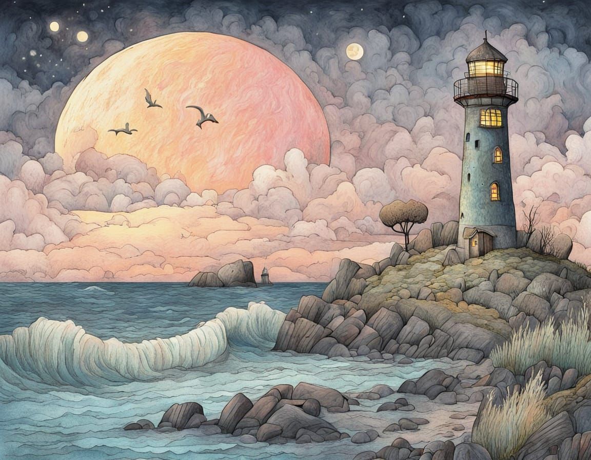 Whimsical Lighthouse Illustration in Tove Jansson Style