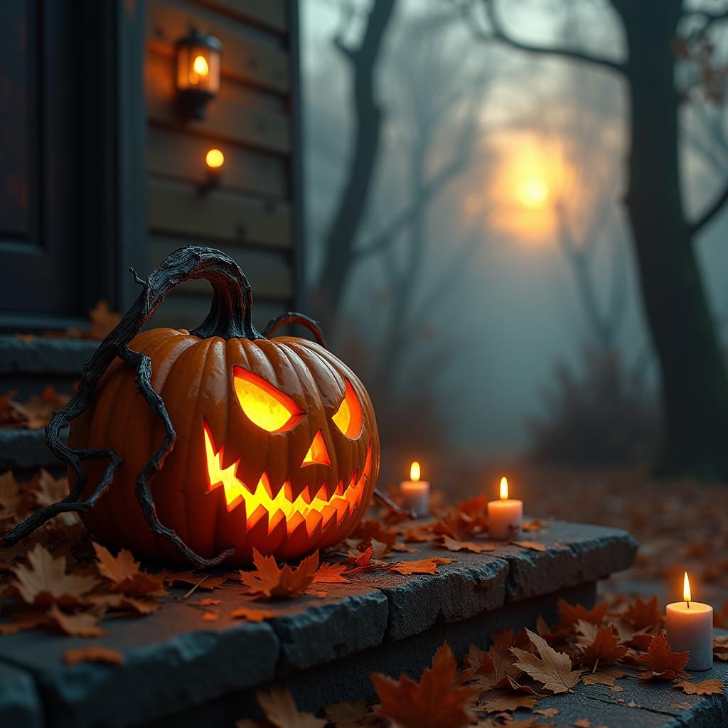 Eerie Jack-o'-Lantern Aglow on Autumn Porch