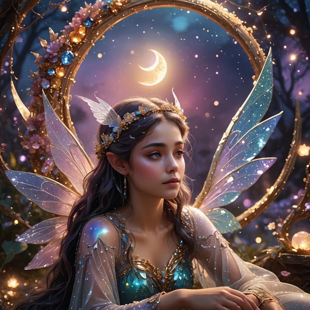 Fairy on Crescent Moon in Dreamy Digital Art