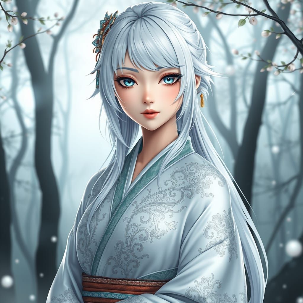 Anime Goddess in Snowy Misty Forest
