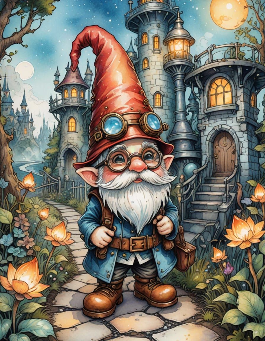 Steampunk Gnome on Magical Path in Watercolor