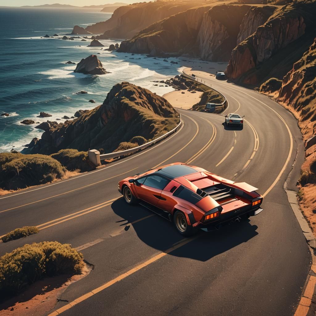 Lamborghini Countach on Australian Coast: Syd Mead Style