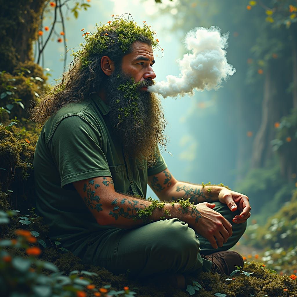 Mystic Man with Weed Beard in Psychedelic Landscape