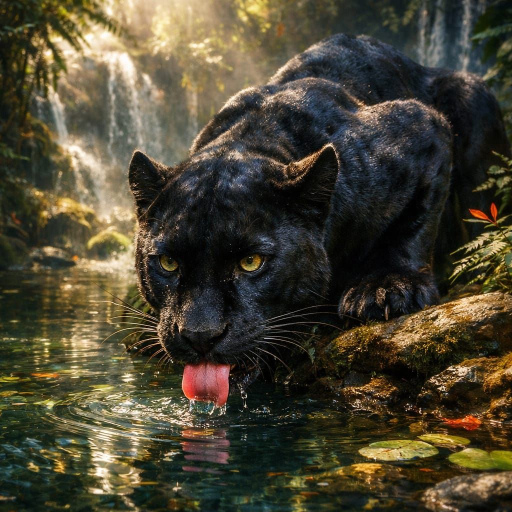 Hyper Realistic Black Panther Drinks Water in Jungle
