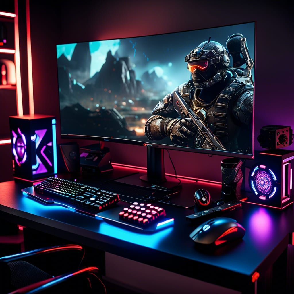 Gaming Setup with LED Lights in 3D