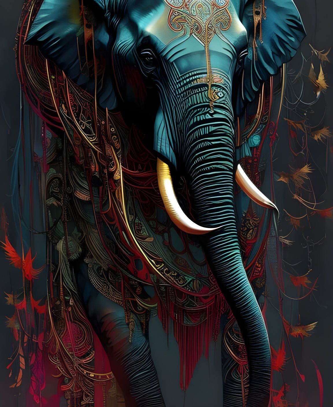 Black Elephant Portrait with Bronze Outlines and Aura