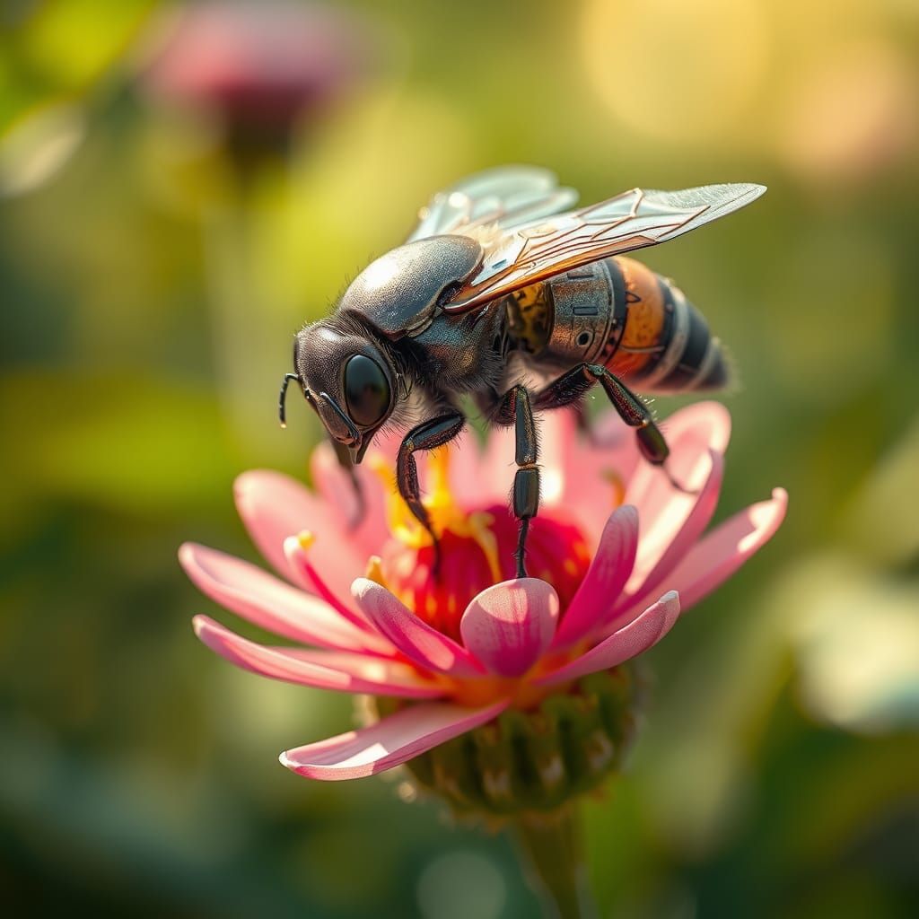 Bionic Bumblebee Hovering Above Exotic Flower