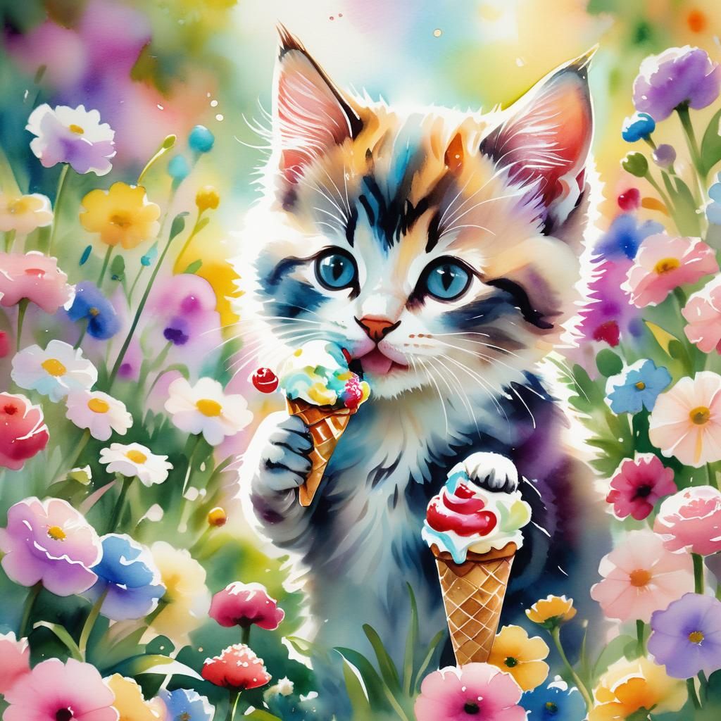 Kitten's Delight: Watercolor Ice Cream in Garden