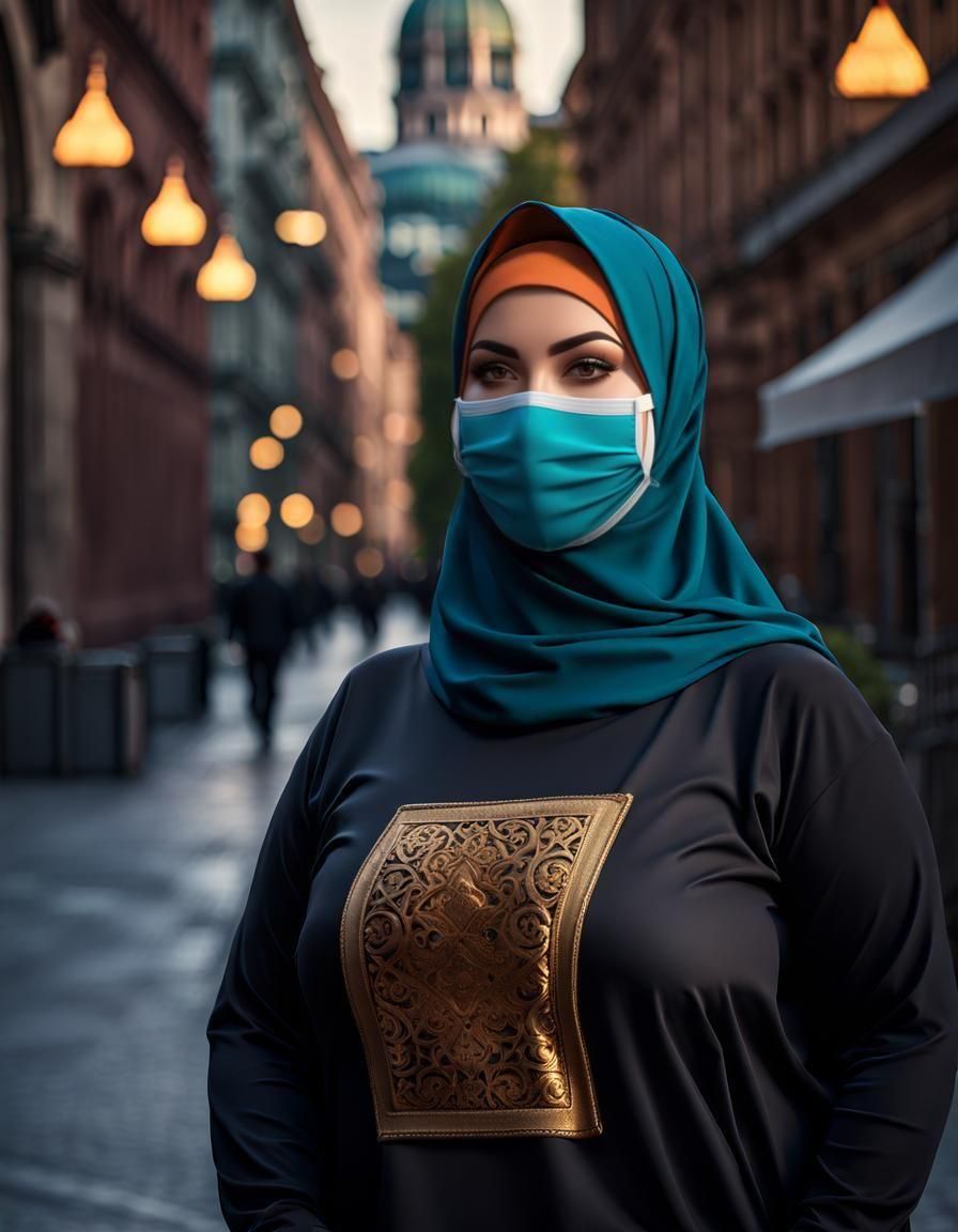 European Girl in Hijab with Facemask, Digital Art