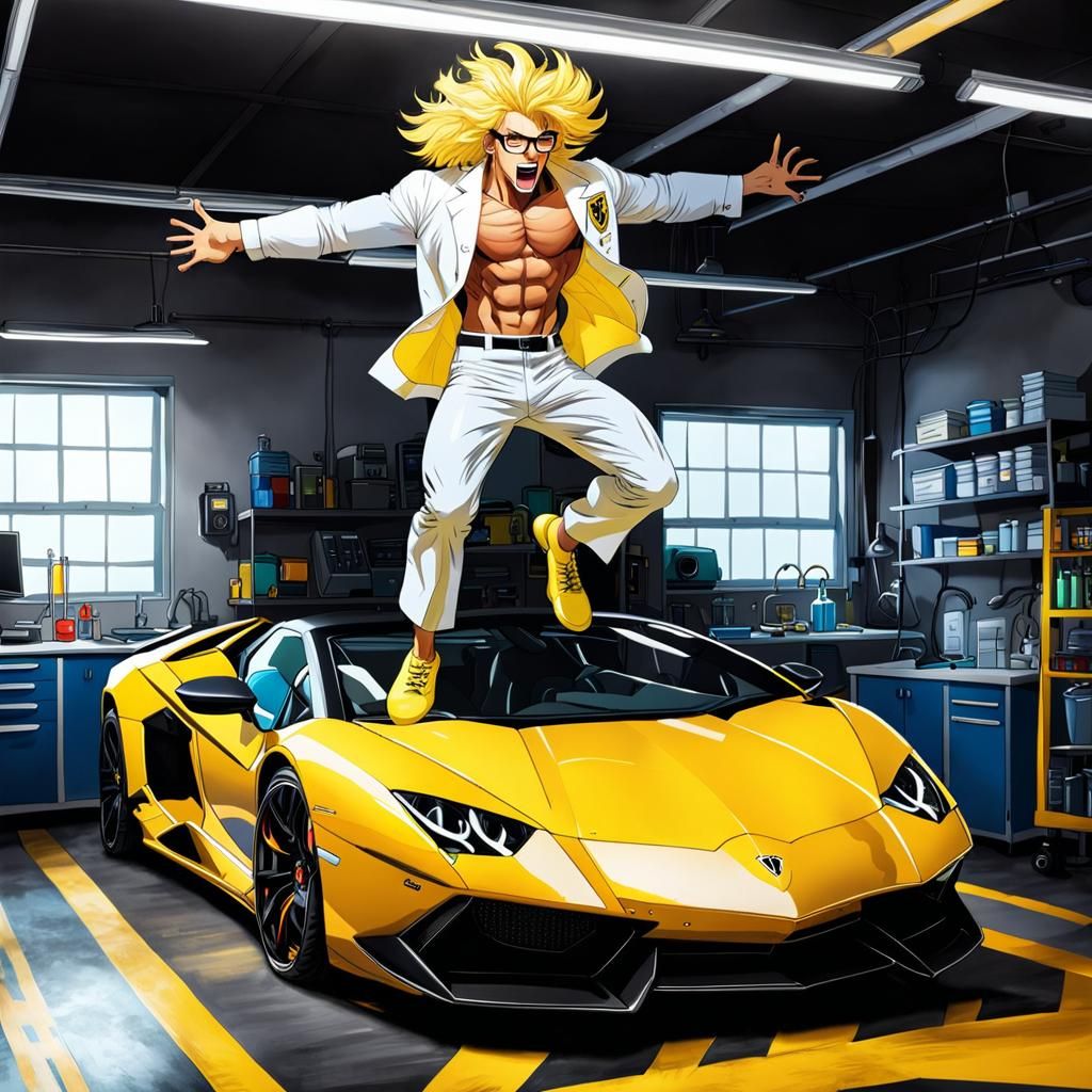 Cartoon Scientist Leaps on Lamborghini in Garage