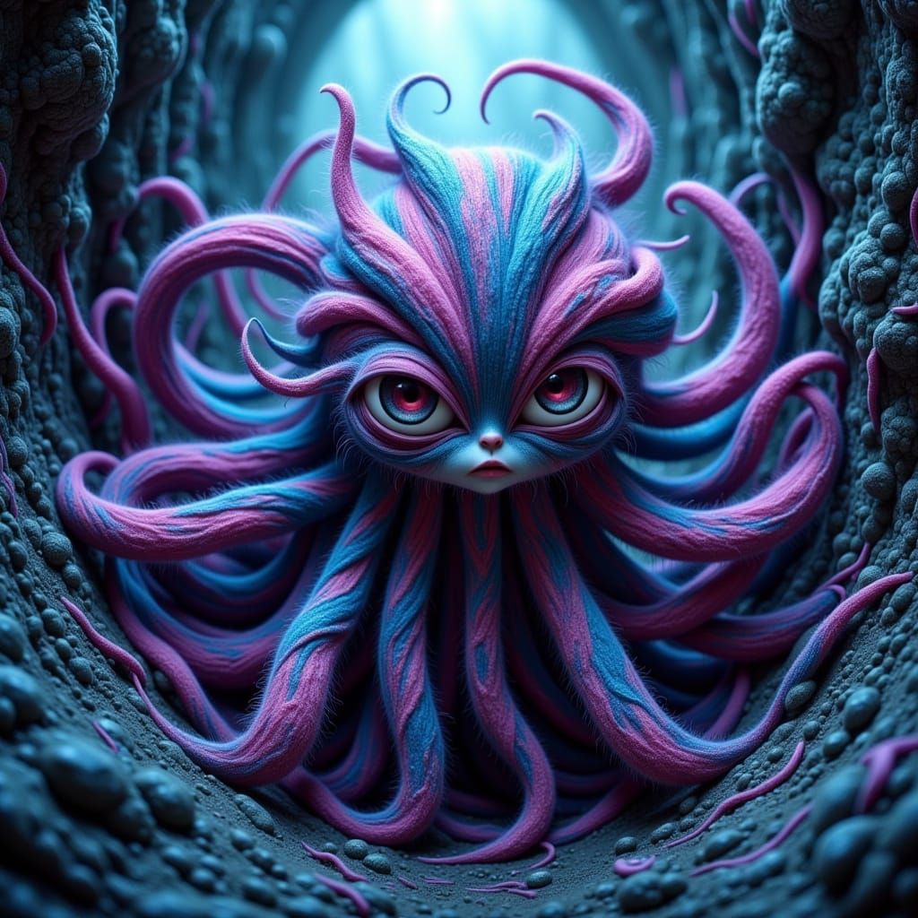 Creepy-Cute Fluffy Creature with Neon Stripes