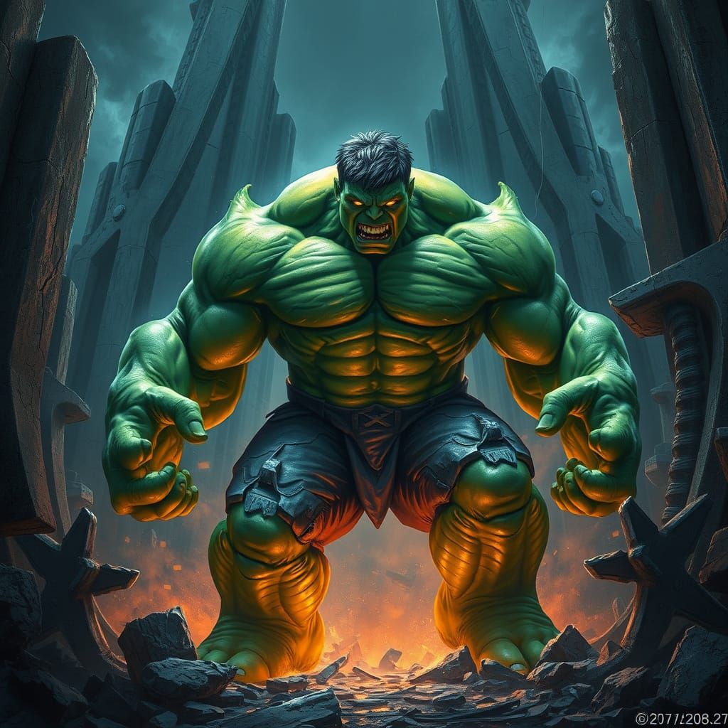 Raging Green Giant Amidst Ruins: Dystopian Realism