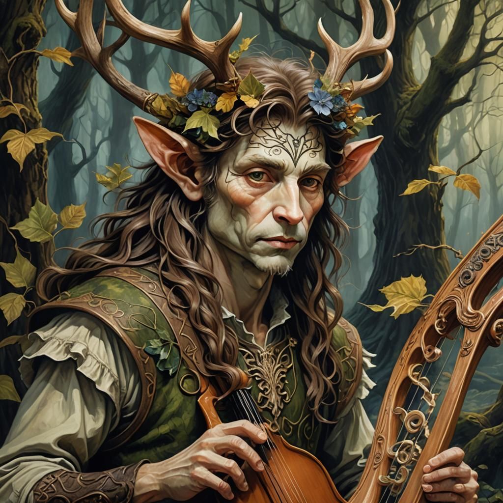 Elegant Faun Portrait with Lyre in Forest Setting