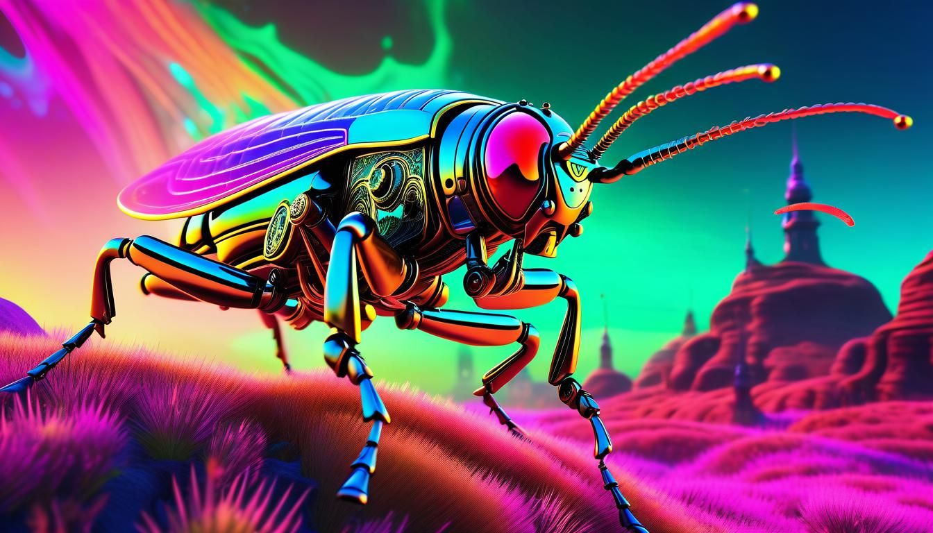 Steampunk Grasshopper Leaping in Surrealist Style