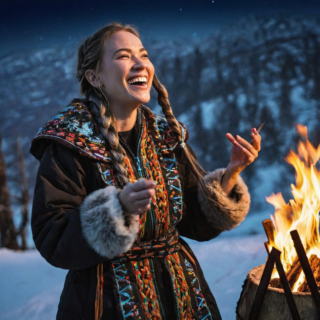 Nordic Princess Singing to the Spirits in the Aurora Boreali...