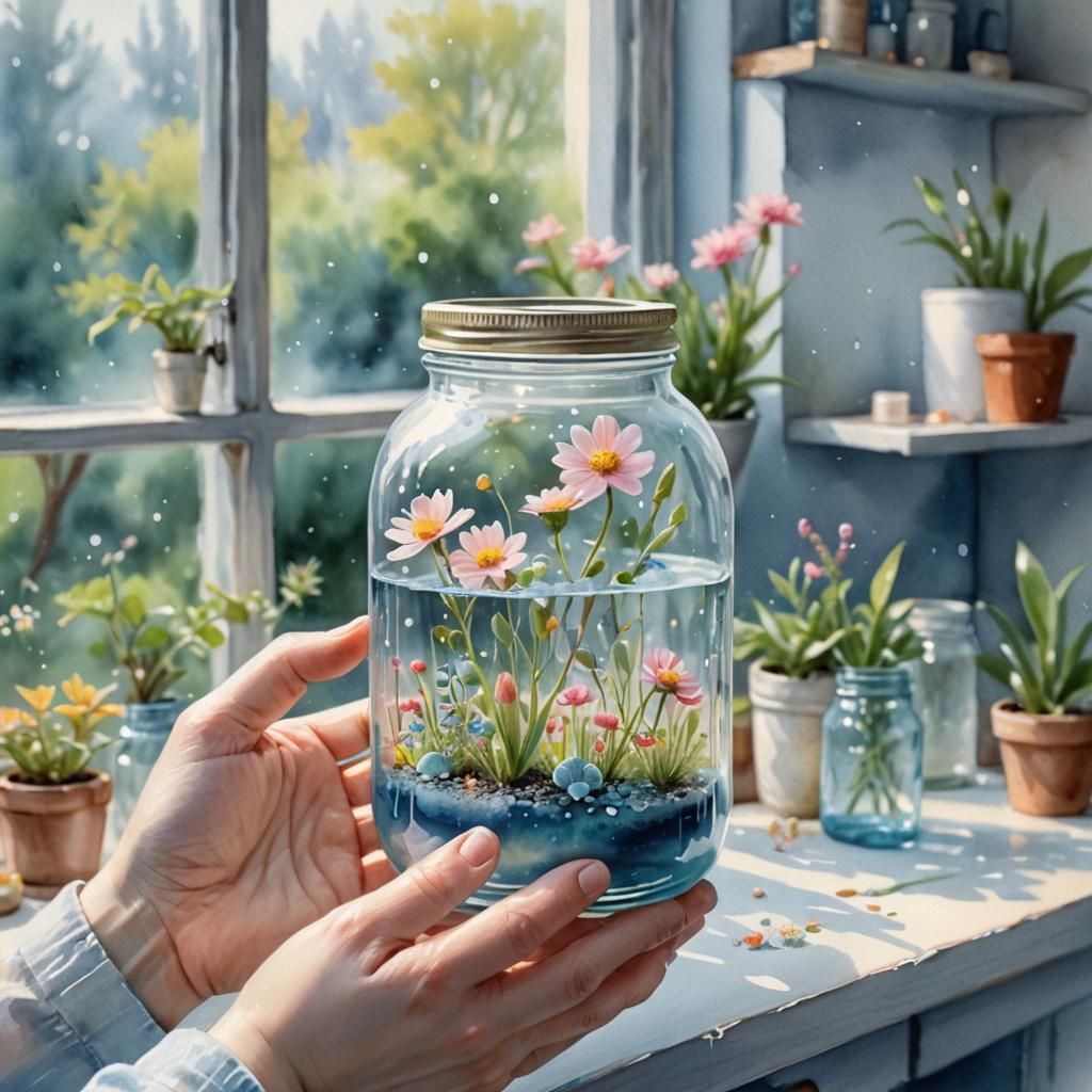 Miniature Garden in Glass Jar: Watercolor Painting