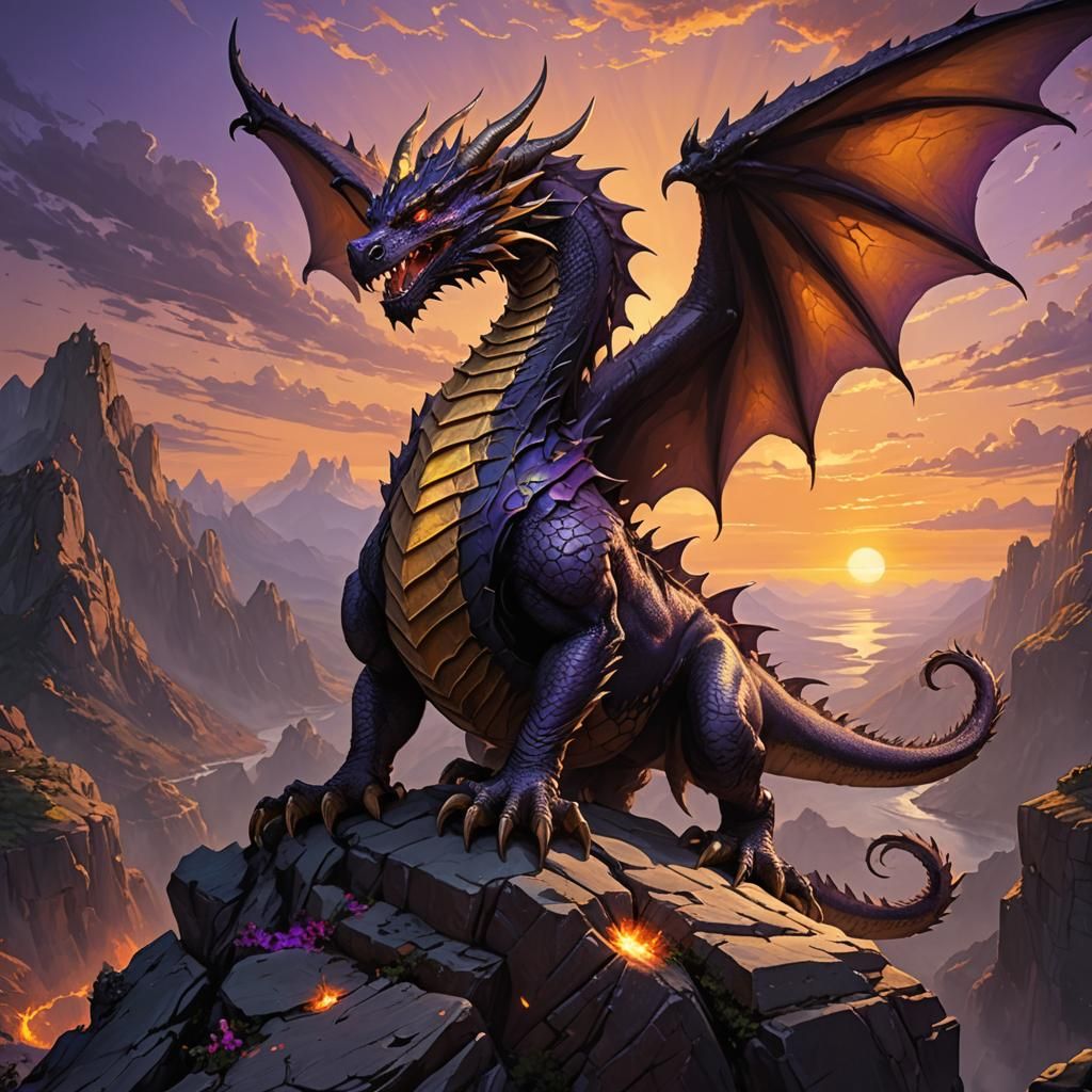 Dragon on Cliff at Sunset: Dark Fantasy Art