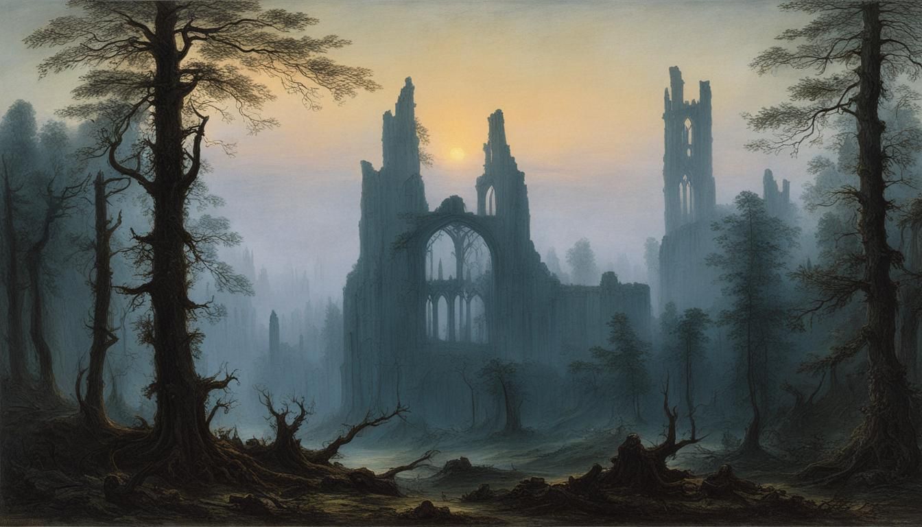 Ruined Abbey in Twilight, Romanticism Style
