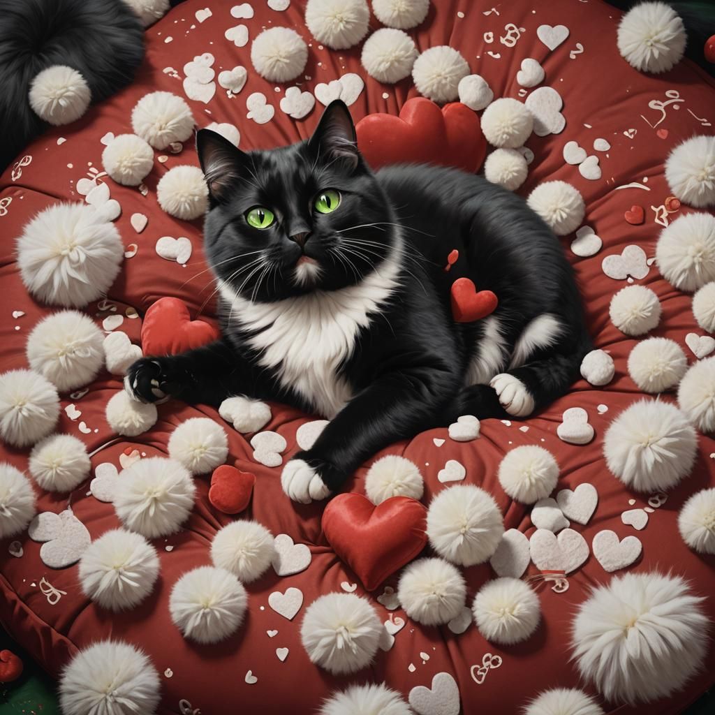 Playful Black Cat with Green Eyes on Red Cushion
