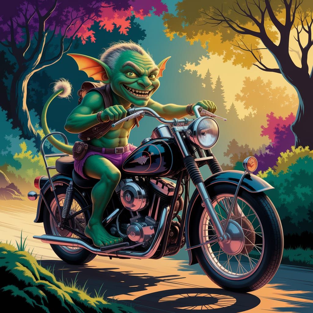 Goblin on Motorcycle Adventure in Enchanted Forest