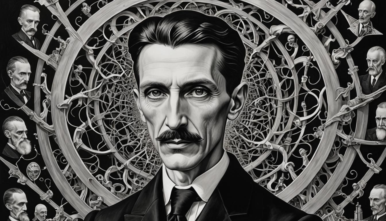 Surreal Portrait of Nikola Tesla in Black and White